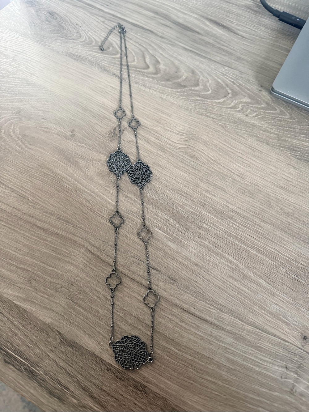 Long Filigree Pendant Necklace in Gunmetal
